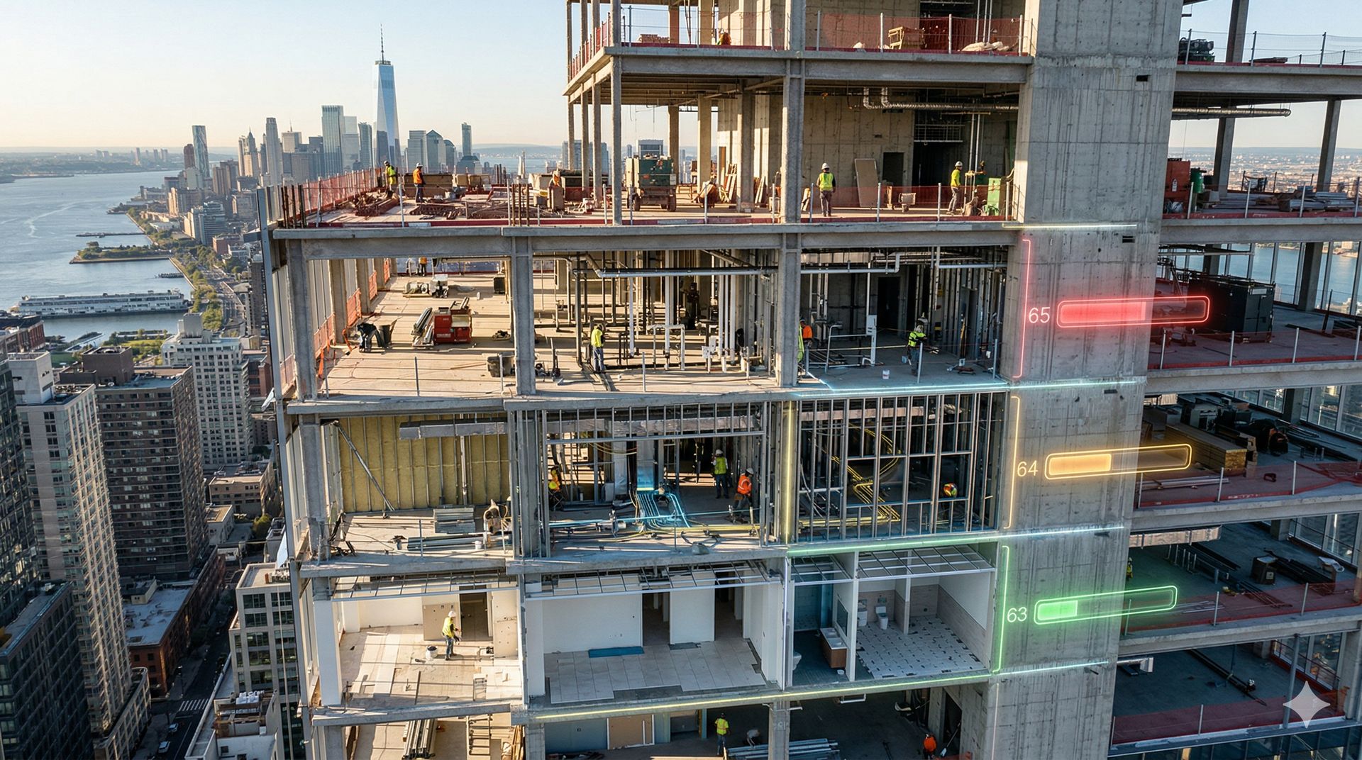 NYC high-rise construction site with ReadyBoard floor status overlay